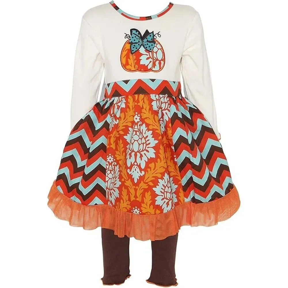 Ann Loren BNWT Girl's‎ Thanksgiving Outfit Chevron Pumpkin Dress Size 6